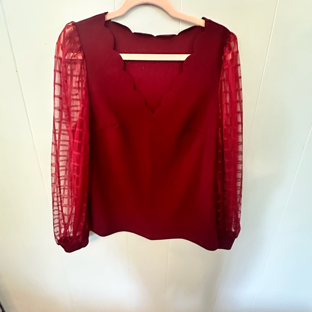 SHEIN Red Scalloped Blouse with Sheer Sleeves